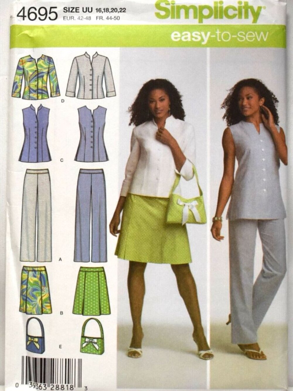 SIMPLICITY 4695 MISSES' / MISSES' PETITE PANTS, SKIRT, SHIRT, & BAG (SIZE 16-22)